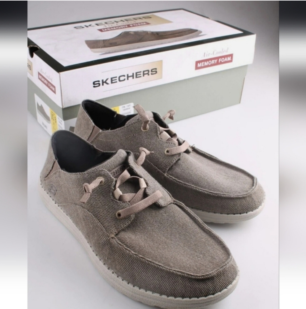 NWT Skechers Men Air Cooled Memory Foam Canvas Slip-On Brown Size 8 - Picture 1 of 6